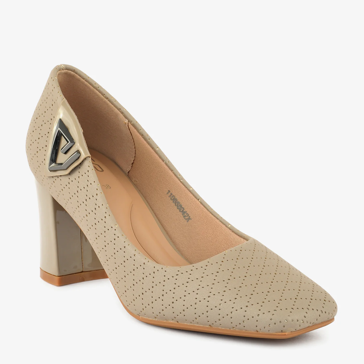Taupe Perforated Block Heel Pumps