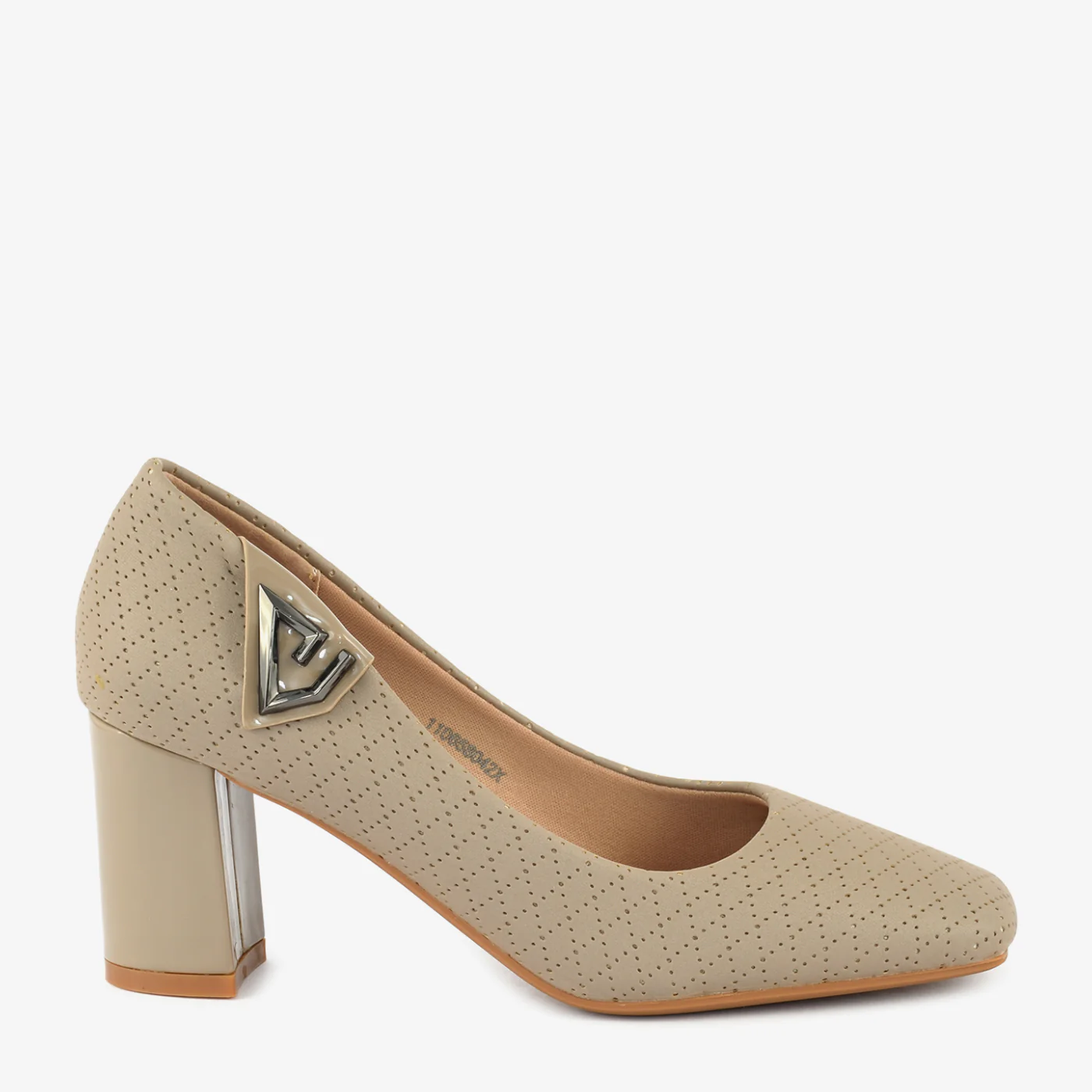 Taupe Perforated Block Heel Pumps - Image 2