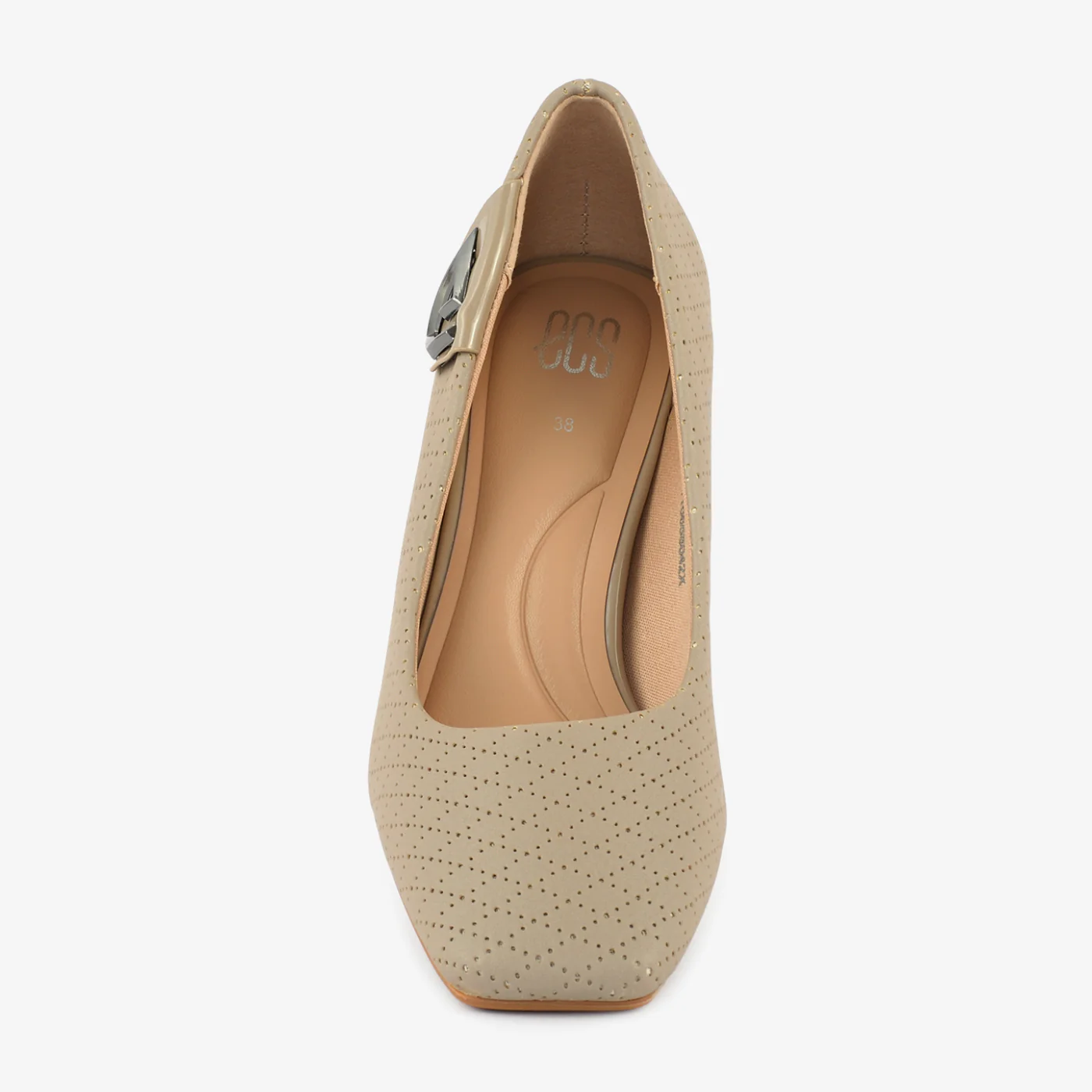 Taupe Perforated Block Heel Pumps - Image 4